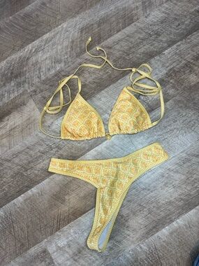 Yellow Intricate Orange Floral Patterned Triangle Bikini, Charm Detail On Top